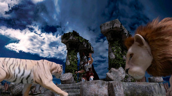 《角斗士》战士战斗机护甲战斗老虎狮子古老的希腊罗马列废墟寺庙