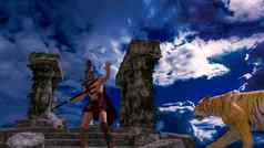 《角斗士》战士战斗机护甲战斗老虎古老的希腊罗马列废墟寺庙
