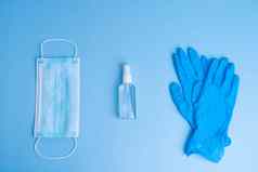 集个人卫生项目医疗面具手套消毒剂蓝色的背景科维德流感大流行补救措施