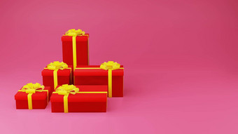 红色的礼物盒子金丝带粉红色的背景
