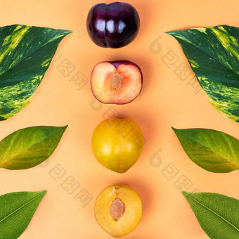 色彩斑斓的李子水果黄色的背景前视图