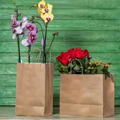 美丽的色彩斑斓的兰花秋海棠属植物栀子花购物袋绿色背景
