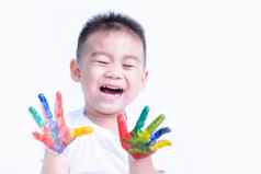 快乐亚洲孩子孩子微笑教育艺术显示手水颜色手指油漆手