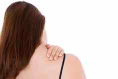 女人痛苦脖子肩膀疼痛孤立的白色背景健康护理医疗概念