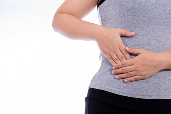 女人手触碰胃腰<strong>肝</strong>位置孤立的白色背景健康护理医疗概念