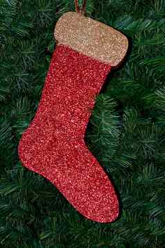 圣诞节袜子玩具圣诞节树红色的黄金特写镜头视图前面