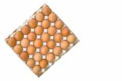 三十棕色（的）鸡蛋孤立的集团新鲜的鸡蛋纸托盘