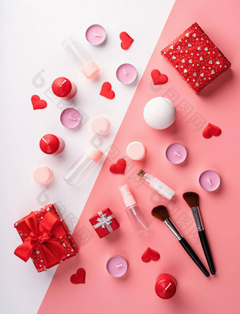 时尚化妆品配件礼物盒子花空管瓶蜡烛五彩纸屑前视图平躺双粉红色的白色背景