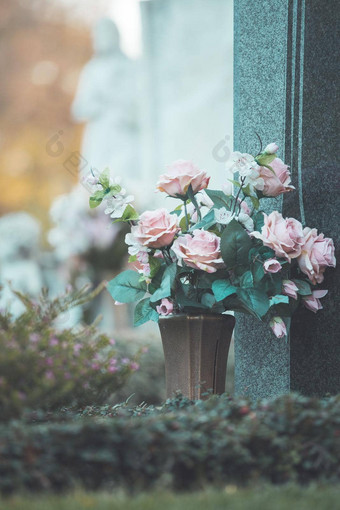 纪念概念花束玫瑰坟墓