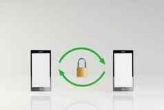 安全加密沟通移动设备概念智能手机绿色箭头挂锁数字渲染