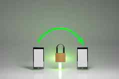 安全加密沟通移动设备概念智能手机绿色箭头关闭挂锁数字渲染