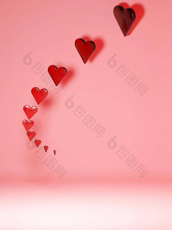 爱感情概念背景浮动半透明的红色的心粉红色的背景大负空间数字渲染