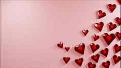 情人节一天周年纪念日概念背景半透明的闪亮的红色的心软粉红色的表面数字渲染