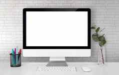 模型显示屏幕空白电脑桌子上白色墙办公室工作空间监控空办公室工作场所房间复制空间现代极简主义室内创造力装饰