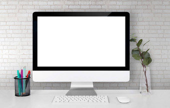 模型显示屏幕空白电脑桌子上白色墙办公室工作空间监控空办公室工作场所房间复制空间现代极简主义室内创造力装饰