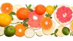 混合柑橘类水果包括柠檬酸橙葡萄柚橘子薄荷嫩枝孤立的白色背景