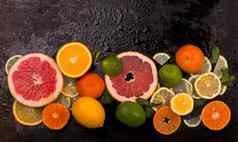 柑橘类背景新鲜的柑橘类水果柠檬橙子酸橙葡萄柚木背景