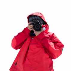 摄影师数码单反相机相机孤立的背景剪裁路径旅行摄影师概念