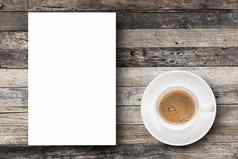 平躺表示咖啡咖啡杯白色空白纸Copy-Space木表格背景