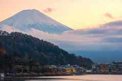 美丽的自然景观视图山富士河口湖日落秋天季节日本山富士特殊的的地方风景优美的美日本的历史网站