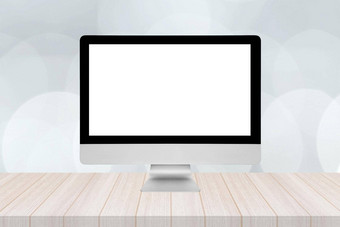 聪明的现代空白白色屏幕木表格现代散景墙背景优雅的设计复制空间模拟产品图形显示