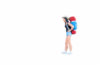 关闭微型背包客旅游人孤立的剪裁帕特白色背景优雅的设计复制空间放置文本模拟旅行概念