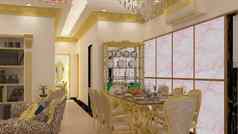 渲染插图经典风格生活房间餐厅表格白色黑色的黄金颜色主题经典组合