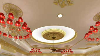 渲染插图经典风格生活房间天花板白色红色的黄金颜色主题经典组合