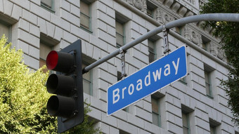 百老汇街地名标志交通光支柱美国路十字路口市中心城市十字路口城市中央业务区铭牌横幅标题主要大道