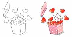 猫心盒子情人节一天卡通着色页面孩子们