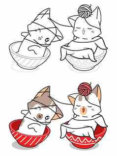 可爱的猫碗玩纱卡通着色页面