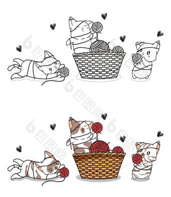 可爱的淘气的猫玩纱线卡通着色页面