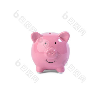 粉红色的陶瓷小猪银行孤立的白色背景
