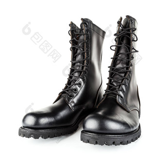 季度前面视图一对黑色的皮革英寸黑色的<strong>军事</strong>战斗靴子孤立的白色背景