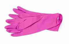一对粉红色的保护橡胶手套清洁白色背景