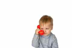 男孩灰色的运动衫白色背景红色的电话接收机调用概念横幅信息空间文本