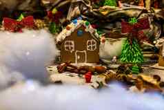 色彩斑斓的姜饼房子孤立的模糊背景圣诞节装饰