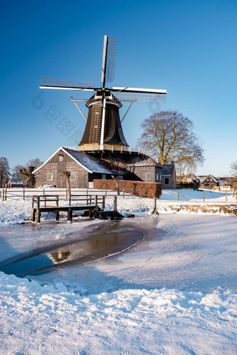 佩尔莫伦有霍斯特赖森覆盖雪景观上艾瑟尔省荷兰历史风机冬天白色景观
