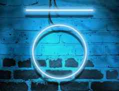 蓝色的霓虹灯发光的圆行挂砖墙背景线连接