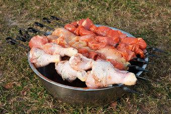 生猪肉串鸡大腿减少块肉烧烤串户外烹饪野餐旅行