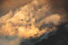 火战斗直升机携带水桶扑灭森林火