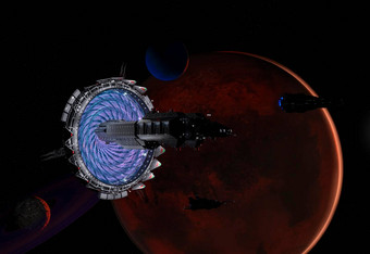 时空门宇宙飞船红色的地球太阳能系统空间