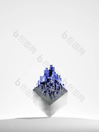 蓝色的广场水晶形成日益增长的闪亮的金属多维数据集摘要幻想背景数字渲染
