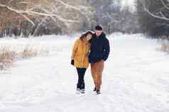 冬天一天年轻的夫妇走拥抱公园沟通