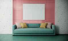 空白图片框架模拟现代色彩斑斓的生活房间室内绿色沙发粉红色的白色墙呈现