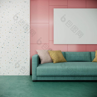 空白图片框架模拟现代色彩斑斓的生活房间室内设计绿色沙发粉红色的白色墙呈现背景