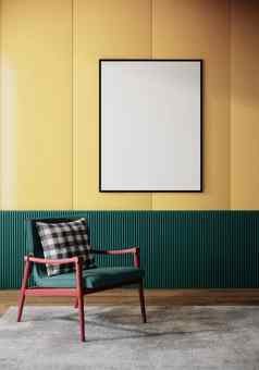 空白图片框架模拟黄色的墙房间室内呈现垂直背景