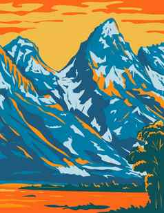 冰雪覆盖山峰大提顿国家公园位于怀俄明曼联州美国水渍险海报艺术