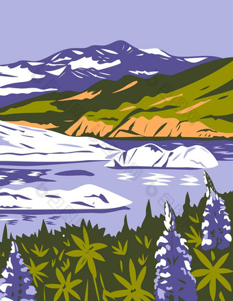 wrangell-st伊莱亚斯国家公园保存紫色的羽扇豆nizina湖阿拉斯加水渍险海报艺术