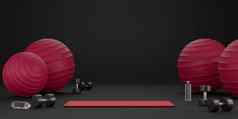 金属哑铃红色的适合球瑜伽席喝水瓶设备健身黑暗背景呈现